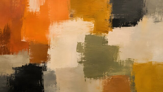 Abstract oil painting with textured brushstrokes in earthy tones of orange, mustard yellow, olive green, black, and beige