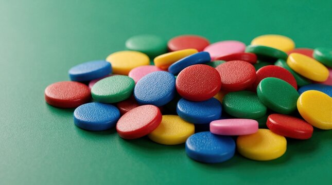 Heap of colorful round plastic counters on green background surface. Bright vibrant circular tokens scattered in pile. Multi color gaming discs used for math education strategy board game play. Small