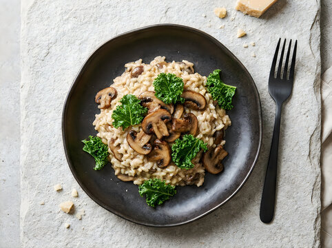 Creamy mushroom risotto with fresh kale served on a black plate with a fork