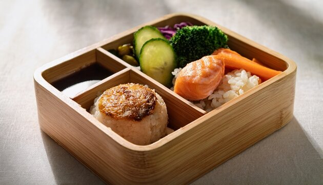 Wooden bento box with rice ball grilled salmon and pickled vegetables
