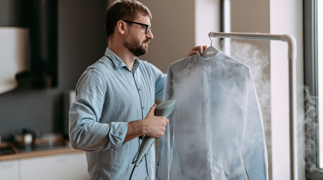 Man garment steamer shirt wrinkle home adult male steaming shirt hanger, removing wrinkle with garment steamer home laundry