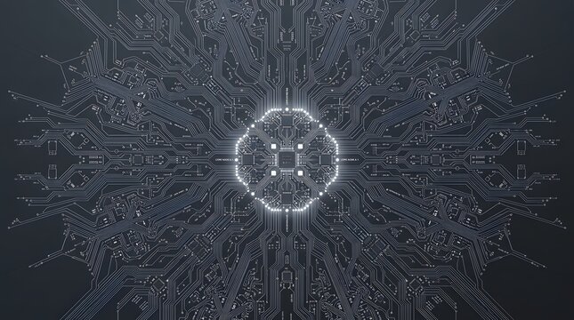 Symmetrical digital processor core radiating intricate circuitry patterns across dark background surface connectivity concept with central glowing processor