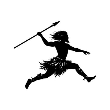 Indigenous Tribal Hunter Jumping with Spear Silhouette Illustration
