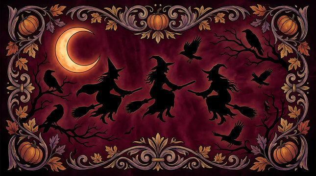Halloween witch flight scene with pumpkin floral border.