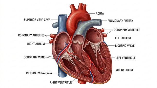 Anatomical illustration of a human heart with labels and detailed cross-section.