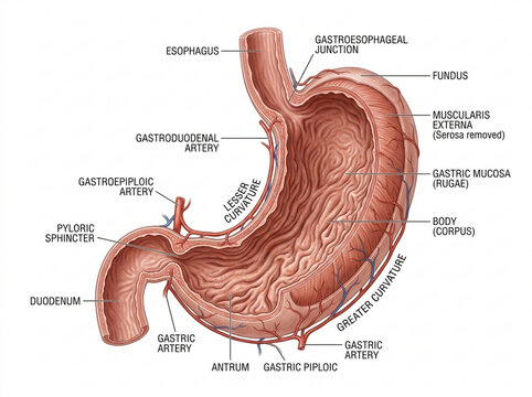 Anatomical Illustration of the Human Stomach, Cross-Section, Labeled