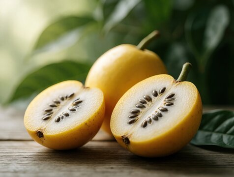 Ripe yellow abiu fruit on rustic wood surface. Whole, cut pouteria caimito pieces show dark seeds inside white pulp. Fresh tropical produce rests outdoors with blurred green leaves. Organic exotic