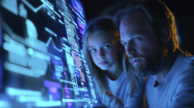 Futuristic family discussing technology and data analysis in digital environment, showcasing curiosity and engagement