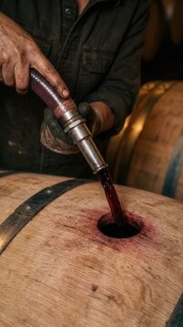 Red Wine Being Poured into an Oak Barrel in a Traditional Cellar for Aging and Fermentation