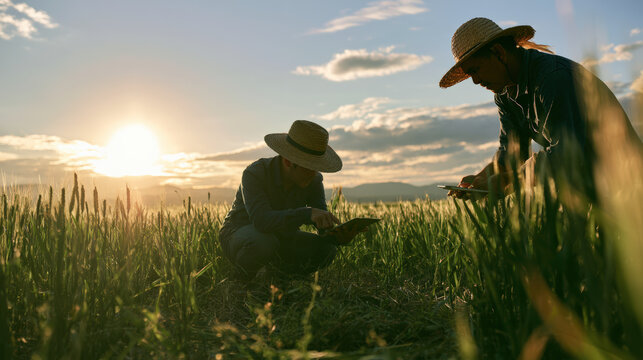 Farmer wheat field agriculture inspection tablet Two farmers inspecting healthy wheat field sunset, checking crop growth