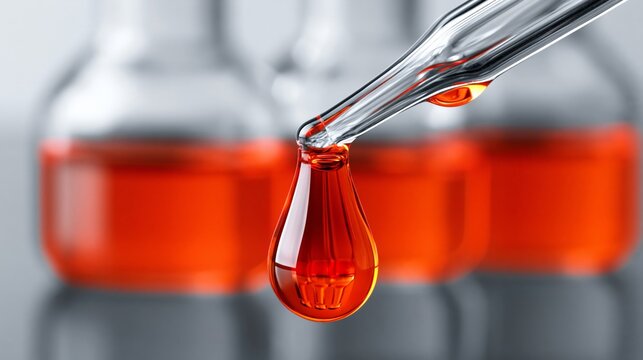 A close-up of a dropper releasing bright red liquid in a laboratory setting.