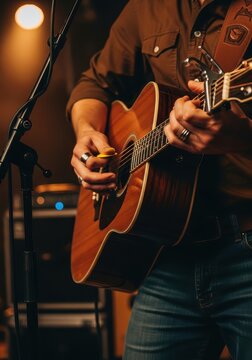 Close-up of a Musician Playing an Acoustic Guitar on Stage with Warm Lighting and Microphone Stand
