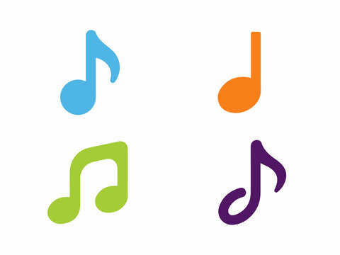 Colorful musical notes in various vibrant colors on a white background representing music and sound