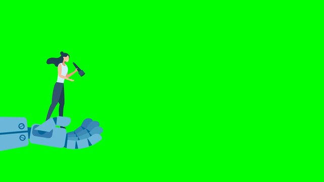 Business woman analyst use telescope climb up. AI technology futuristic, AI. Robot holding a businesswoman with a telescope, helping her to look further ahead. 2d flat animation. Alpha channel