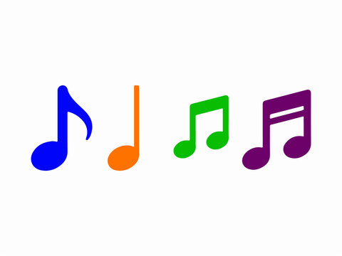 Colorful musical notes in vibrant shades representing music, sound, and audio entertainment on a plain background