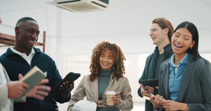 Engineering, team and laugh in building with meeting, tablet and funny AI meme for construction job. Happy, people and engineer group with joke, diversity and digital tech for renovation project.