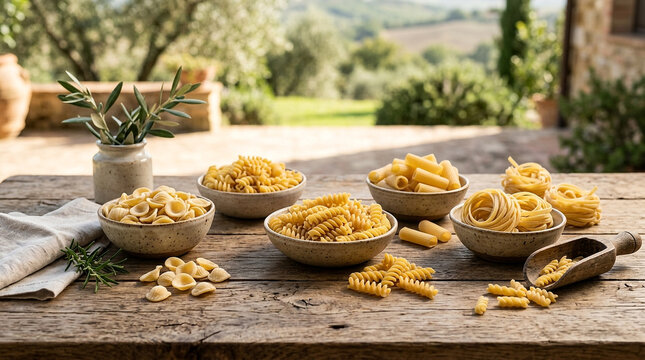 Assorted dry pasta varieties displayed on a rustic wooden table in an Tuscan countryside setting