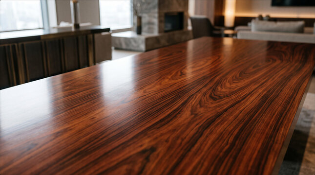 Exquisite Polished Rosewood Table Top Close Up Elegant Luxury Interior Design Background High Gloss Dark Wooden Texture Grain Pattern Natural Hardwood Surface Grain Detail Sophisticated Home Decor