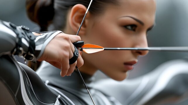 A determined archer aiming with precision and focus in a sleek outfit.