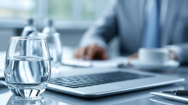 A focused professional working on a laptop with a glass of water on a desk.
