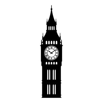 Big ben clock tower silhouette icon vector isolated on plain white background.