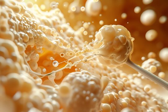 Human lactase producing intestinal cell breaking down lactose into glucose galactose depicted molecular scissors lactase cleanly cutting lactose disaccharide warm amber ivory editorial food science
