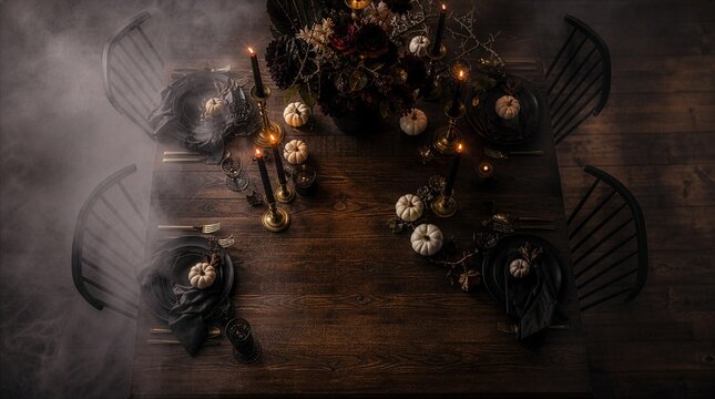 Elegant Halloween dinner table setting with black candles, white pumpkins, dark floral centerpiece and vintage tableware on rustic wooden surface. Moody autumn gothic tablescape for festive celebratio