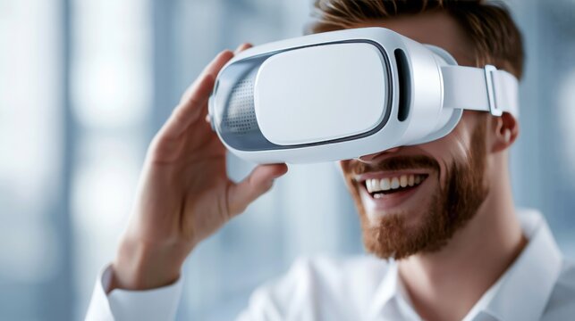 A man joyfully exploring virtual reality with a VR headset in a modern setting.