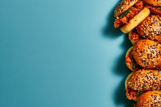 Fried chicken sliders arranged vertically on teal surface in sharp focus top-down photography for fast food menu and restaurant marketing