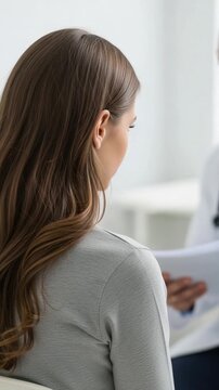 Young female patient having medical consultation with doctor in a hospital office or clinic room