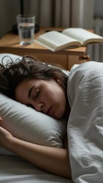 Young woman sleeping peacefully in white bed with open book on nightstand, representing cozy rest, relaxation and deep sleep at home