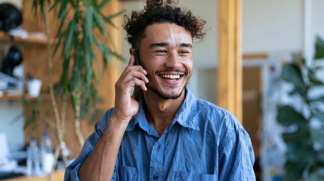 A happy man with curly hair talking on his phone, smiling broadly. He is wearing a blue shirt and appears to be in an office or home environment.