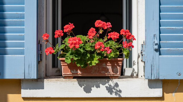Classic red geranium in sunny window box, vintage charm