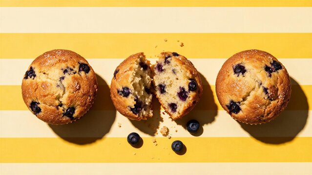 Three blueberry muffins with domed sugary crust on bold yellow striped background &mdash; perfect for bakery menus, breakfast branding, and cafe promotions