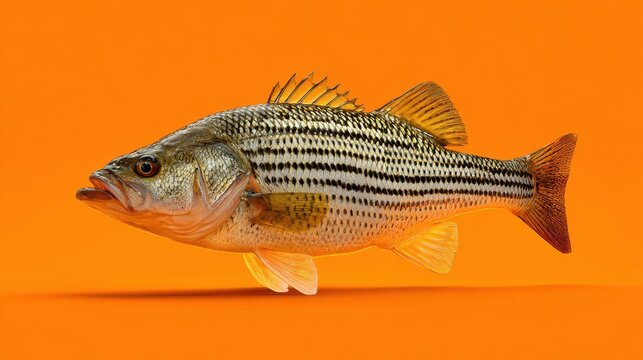 Freshwater Striped Bass on Vibrant Orange Background Showcasing Scales and Fins for Culinary and Nature Themes
