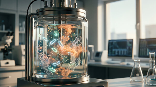 Microorganisms generating metabolites and postbiotics inside a glass bioreactor vessel within a modern scientific laboratory setting
