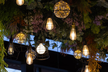 Obraz premium Charming string lights dangle through lush foliage in shop.