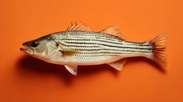 Fresh striped bass fish on vibrant orange background showcasing unique stripes and detail of aquatic creature