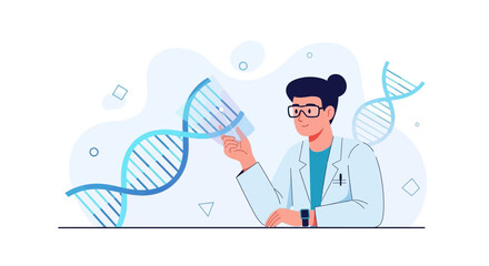 Obraz premium Scientist Examining DNA Helix in Modern Laboratory Setting, Digital Illustration
