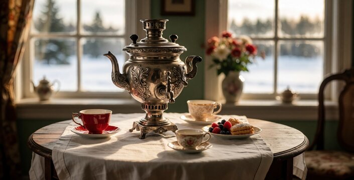 Ornate silver samovar sits on table with cups and pastries by window overlooking snowy landscape. Cozy tea time setting offers warmth and tradition. Flowers in vase complete scene.