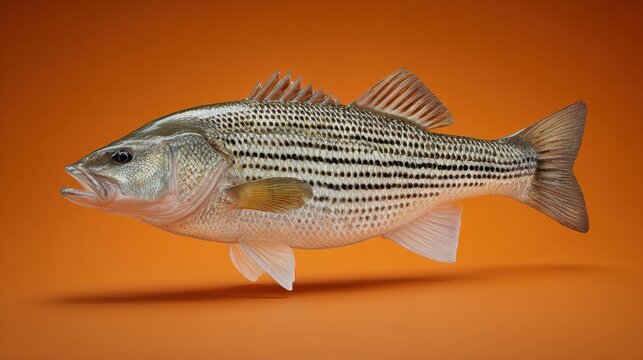 Freshwater fish displayed against a vibrant orange backdrop showcasing unique stripes and natural beauty of aquatic life