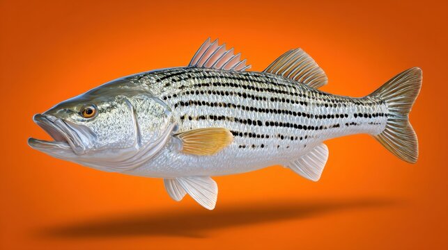 Striped Bass Swimming Gracefully Against a Vibrant Orange Background in a Stunning 3D Illustration
