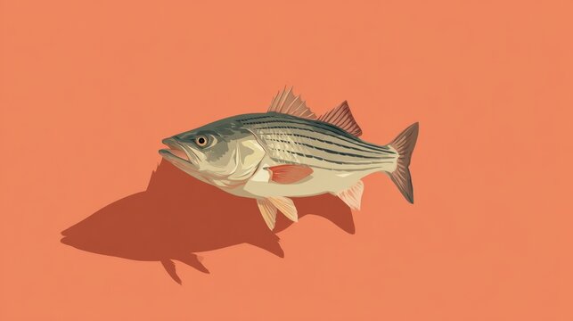 Realistic illustration of a striped bass fish on a coral background with strong shadow detail and vibrant colors