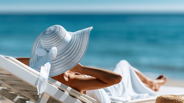 A woman relaxes on the beach in a white hat while enjoying the serene ocean view.