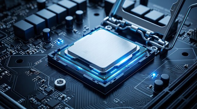 High-performance computer processor on motherboard, glowing CPU chip with blue light, advanced semiconductor hardware for artificial intelligence and data science