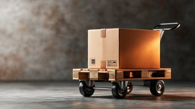 A wooden pallet jack with a cardboard box, ideal for warehouse and logistics imagery.