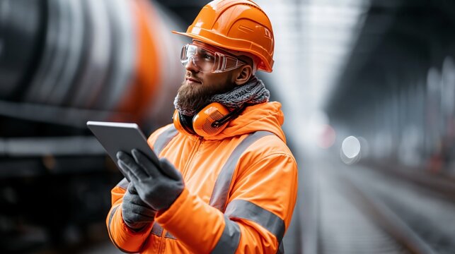 A worker in an orange safety suit uses a tablet in a railway station setting.