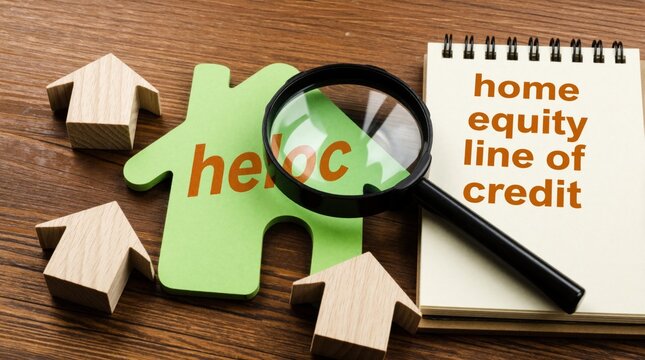 Wooden house models, magnifying glass on desk near notebook. Text says home equity line of credit. Concept for real estate finance, mortgage loans, property value, banking, home renovation budget