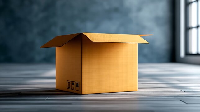 An empty cardboard box in a well-lit room, symbolizing packaging and shipping.