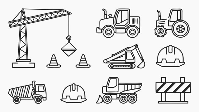 icon construction equipment line icon set featuring crane, cement mixer, bulldozer, excavator, concrete pump, drilling machine, forklift, road roller, wheel loader, dump truck, safety helmet (1)